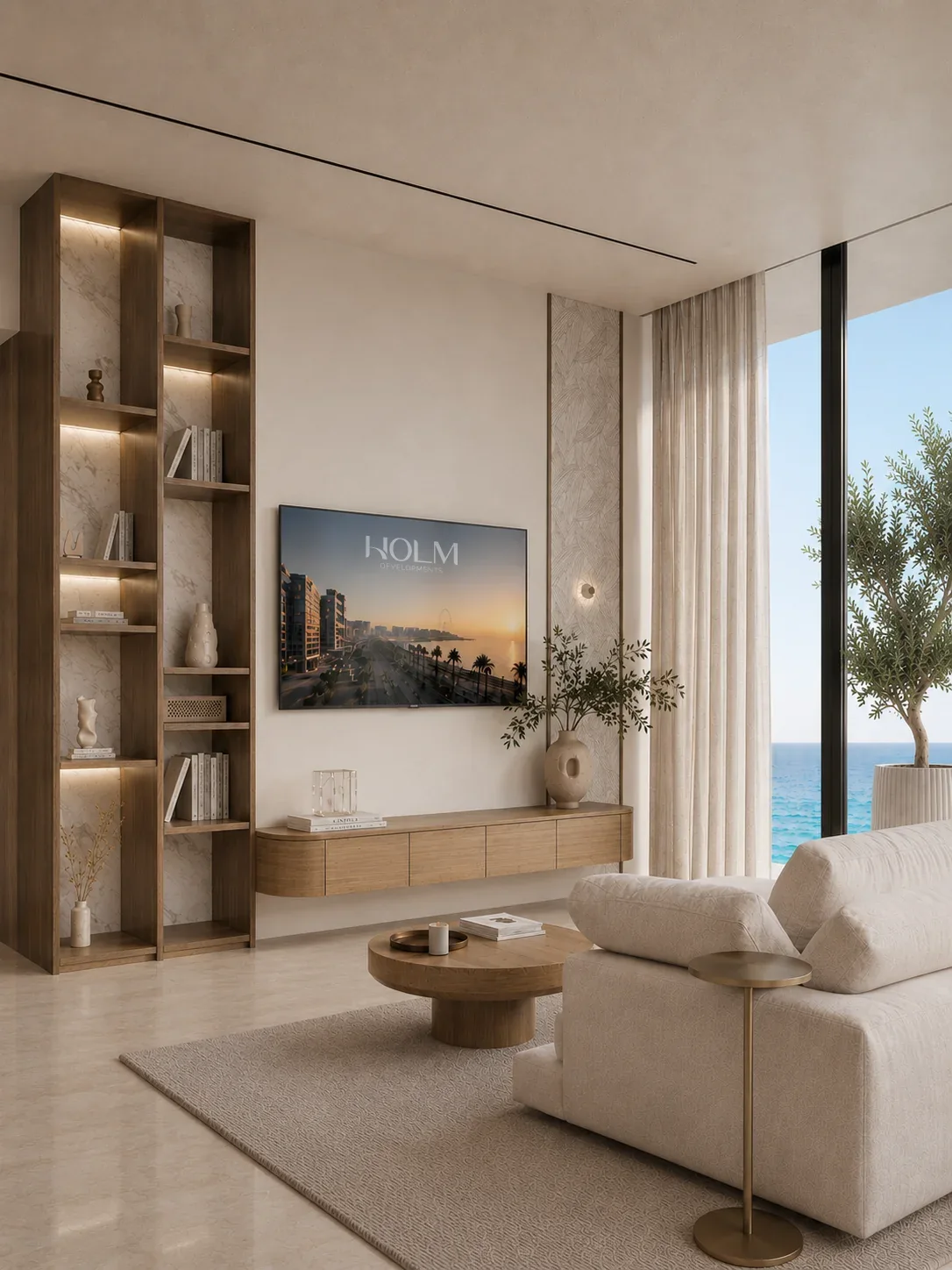 Living room with built-in shelving, a curved sofa and the sea beyond the glass.
