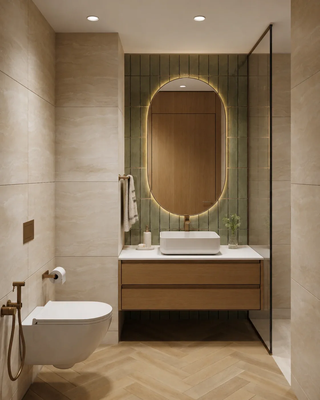 Bathroom with a floating timber vanity, an oval backlit mirror and stone-look tiles.