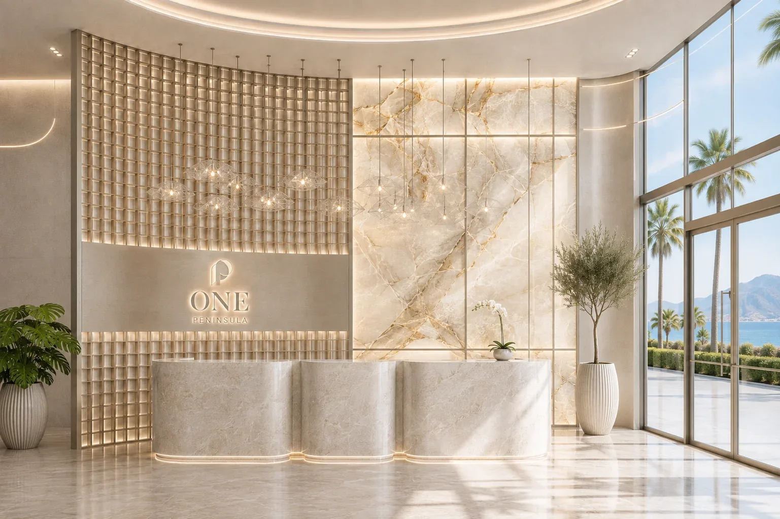 Reception with a curved desk, a stone feature wall and full-height windows.