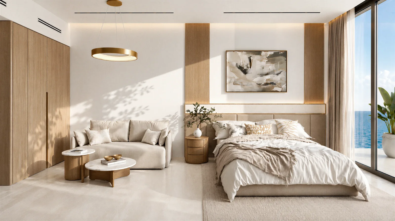 Bedroom with a sofa corner, a fitted wardrobe wall and a sea view.