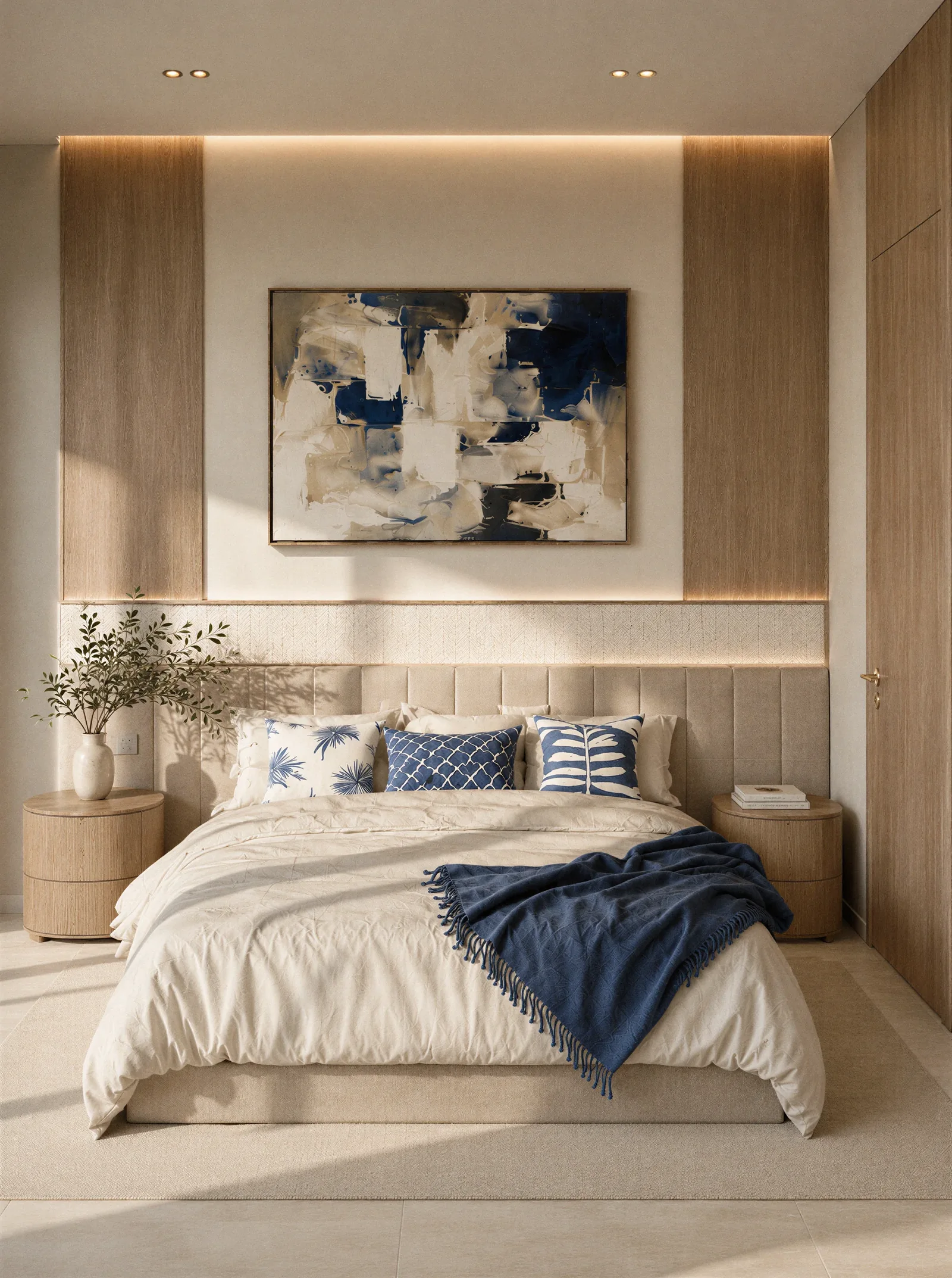 Bedroom with a panelled timber wall, an upholstered headboard and blue accents.