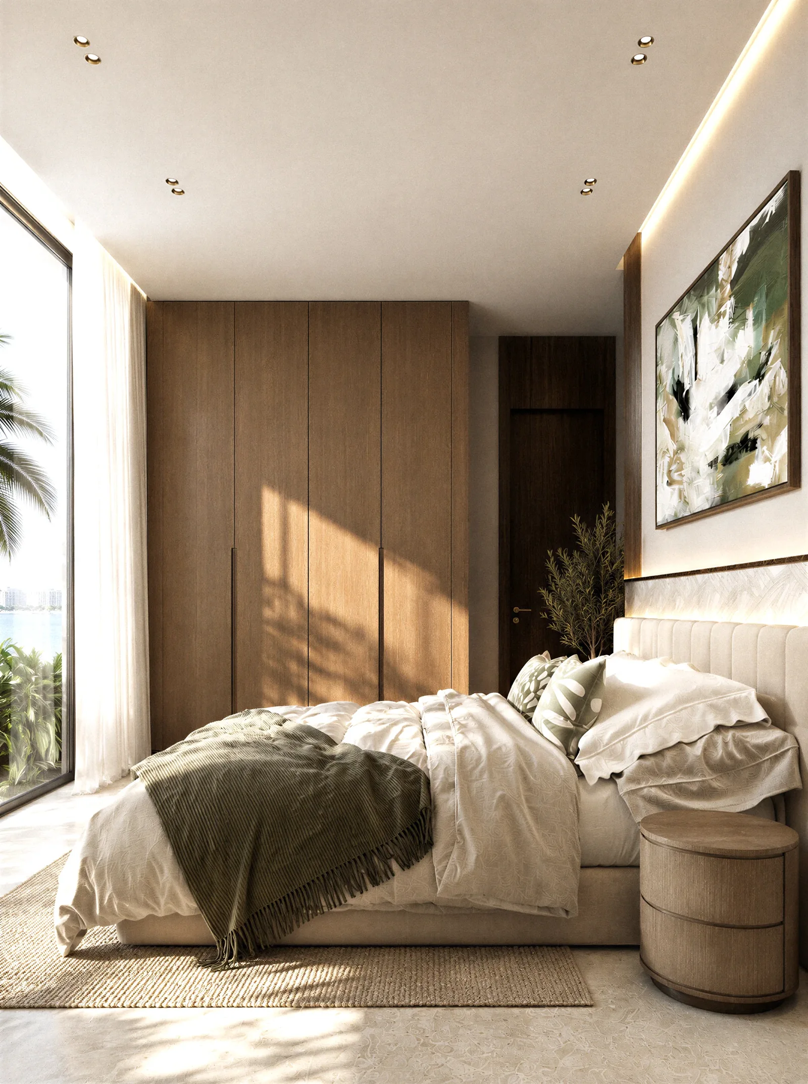 Bedroom seen from the window, with a fitted timber wardrobe wall.