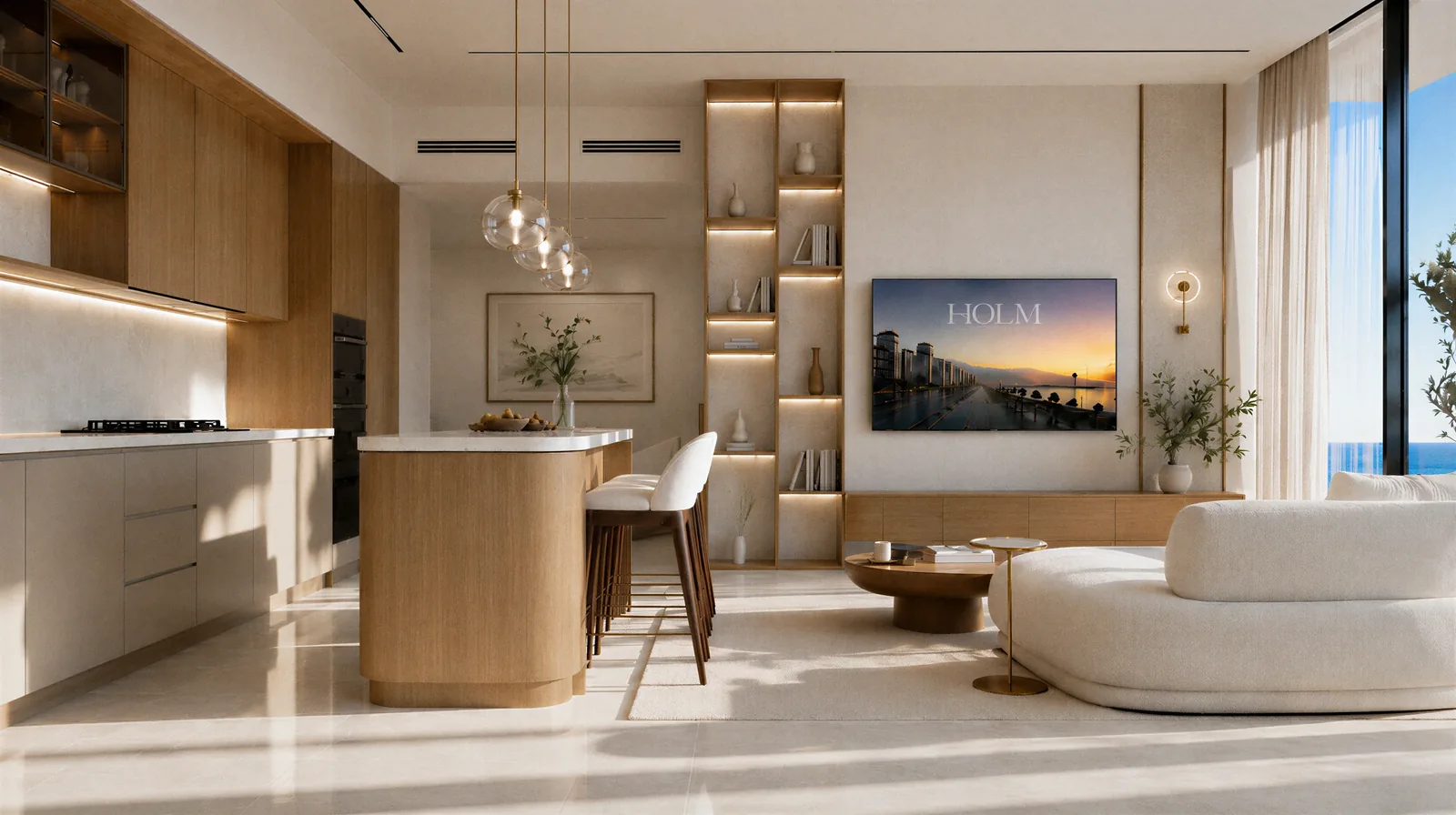 Open-plan kitchen with a counter and stools, beside the living area.