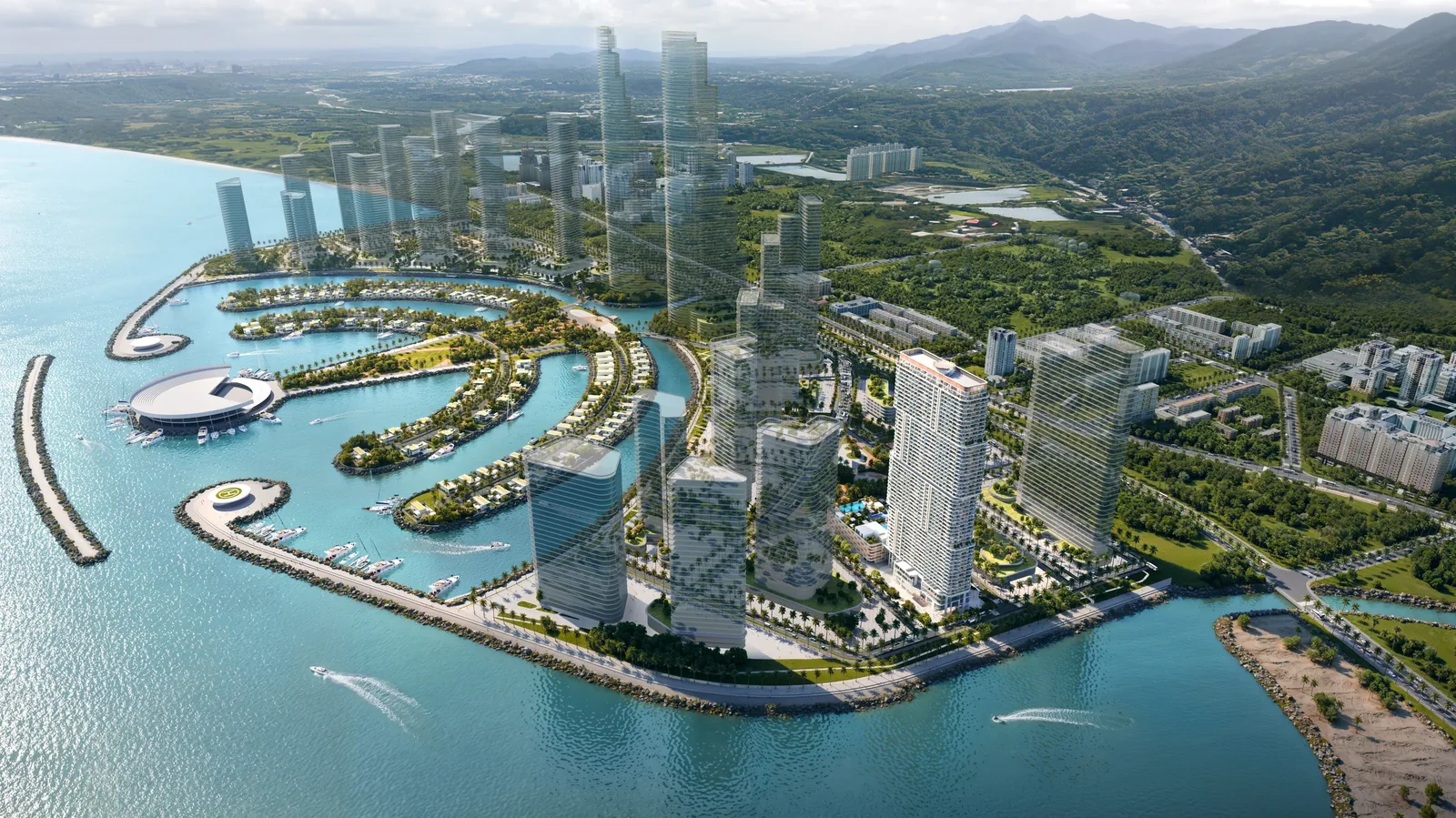 Aerial view of ONE PENINSULA and neighbouring towers on Ambassadori Island