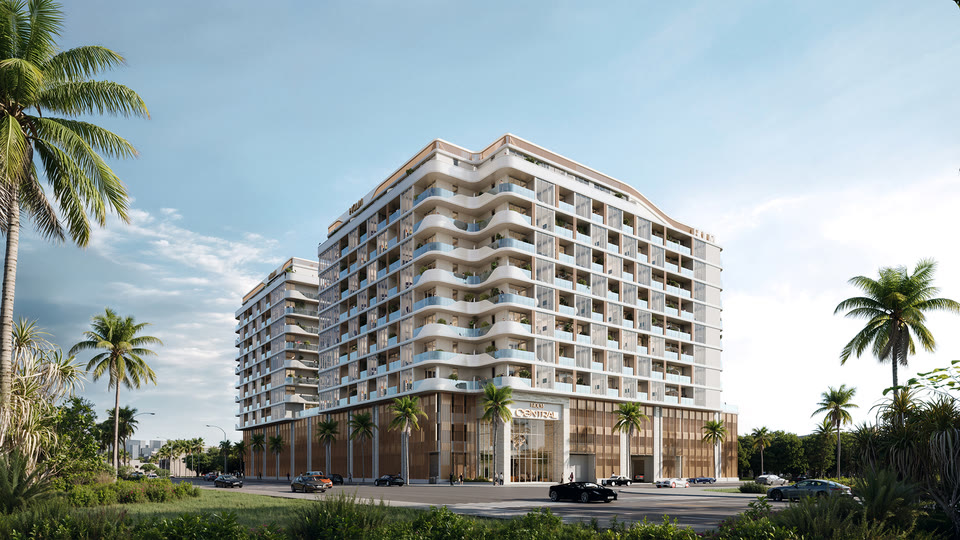Visualisation of HOLM Central, twin residential towers with curved balconies above a palm-lined street