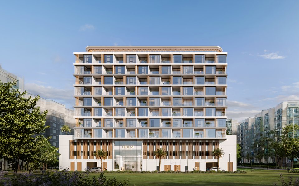 Visualisation of HOLM One, a mid-rise residential building with timber screens