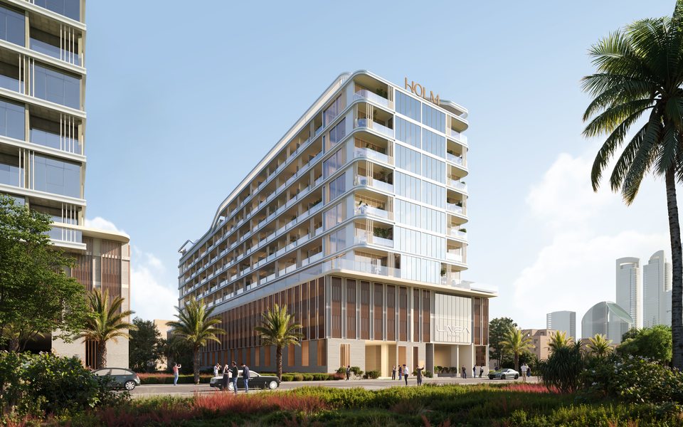 Visualisation of LINEA by HOLM, a residential building with curved balconies and the HOLM name on its crown