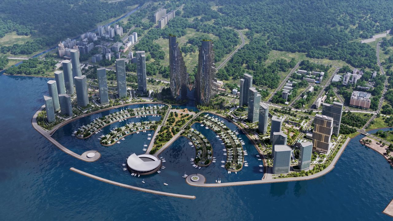 Aerial view of the Ambassadori Island masterplan and its marina